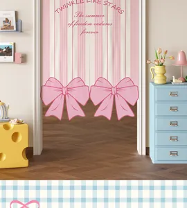 Pink striped door curtain with cute bows, perfect half curtain partition for kids room decor.