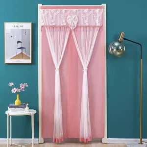 Cortina de puerta de encaje rosa separador dormitorio privacidad visillo con bordado lazo