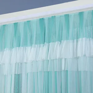 Mint green and white layered sheer door curtain detail, lightweight mesh for home.