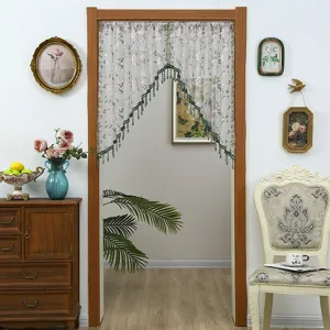 French lace door curtain half partition curtain with floral embroidery and beaded tassel trim.