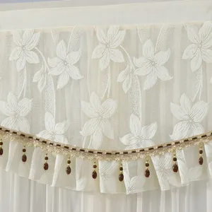 Close-up detail view of elegant white lace short curtain featuring delicate beaded fringe.