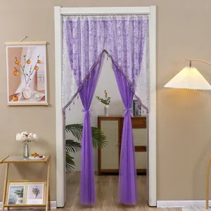 Rideau de porte en dentelle française violet transparent pour décoration de chambre.