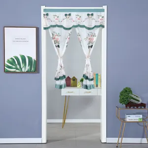 Cortina de puerta transparente con borde verde y bordado para dormitorio y cocina hogar