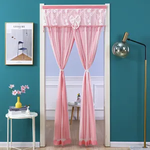 Cortina de puerta de encaje rosa separador de habitación dormitorio lazo tul decoración.