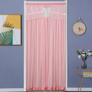 Pink lace door curtain for bedroom and bathroom, elegant princess style tulle partition curtain with bow.