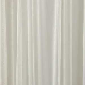 Closeup of white sheer curtain fabric with vertical mesh stripes, delicate texture and soft drape.
