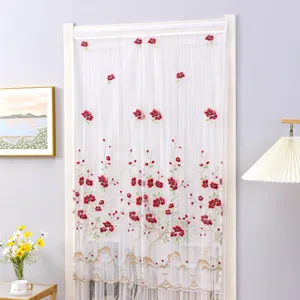 Elegant embroidered sheer door curtain with red floral design, perfect for bedroom partition.