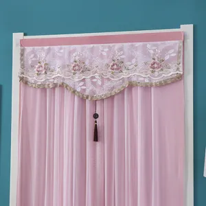 Pink lace embroidered door curtain with floral valance and tassel for bedroom living room