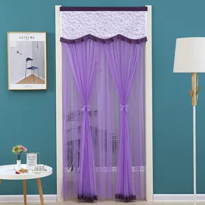 Detailed view of elegant purple sheer door curtain with lace top and tie backs in cozy room.
