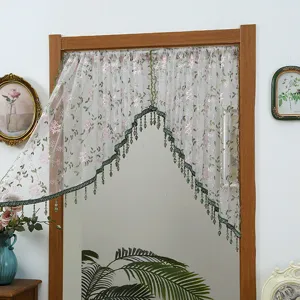 French lace half curtain detail, white floral embroidery gauze door partition for bedroom home decor.