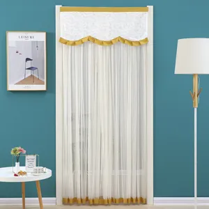 French sheer door curtain with delicate lace valance and yellow trim for home decor.