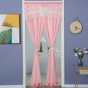 Pink lace door curtain sheer mesh half curtain with bowknot for bedroom room divider