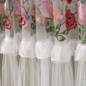 French romantic embroidered mesh curtain detail, sheer floral lace layered door panel