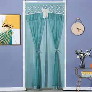 Detailed view of the elegant lace door curtain, sheer fabric, princess style, home decor.