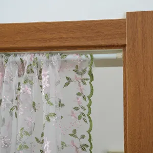 French lace half curtain with pink floral embroidery and green wave edge for room decor.