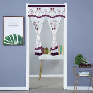 Cortina de puerta bordada con flores visillo corto transparente con lazos deco.