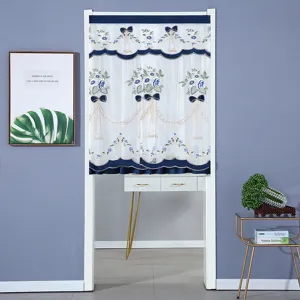 Cortina de puerta bordada azul y blanca tela transparente media cortina cocina dormitorio.