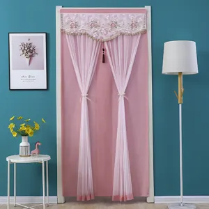 Pink door curtain with sheer tulle and lace valance, punch-free design for bedroom and living room.