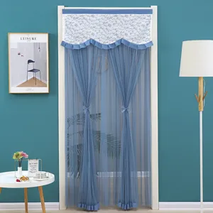 Double layer French lace door curtain, sheer short window curtain with tie backs and lace.