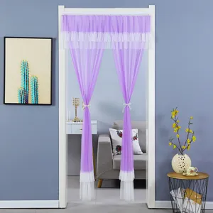 Purple mesh door curtain with white lace trim, decorative mosquito net for bedroom or kitchen use.