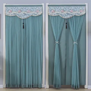 Rideau de porte moustiquaire turquoise avec cantonnière en dentelle et gland, sans perçage