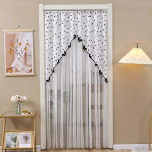 Rideau de porte en dentelle française blanc filet avec nœuds noirs séparateur de pièce