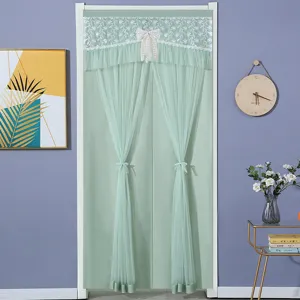 Green lace door curtain half curtain bedroom partition curtain with bow and sheer mesh.