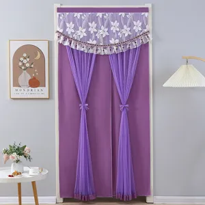 Purple double layer door curtain with lace sheer valance, punch-free room partition textile.