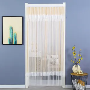 Sheer mesh door curtain detail view with delicate ruffles, ideal for bedroom privacy and decor.