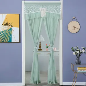 Green lace door curtain with bow embroidery, sheer partition curtain for home bedroom use.