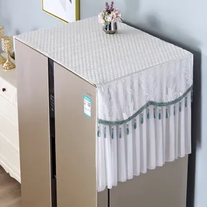 White lace refrigerator dust cover quilted top double door appliance cover with blue bead tassels