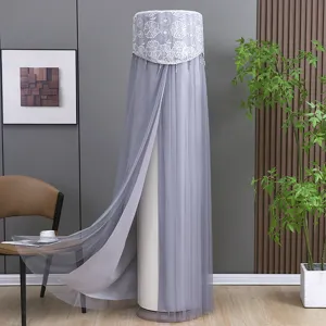 Detailed view of grey vertical air conditioner dust cover with delicate lace mesh design.