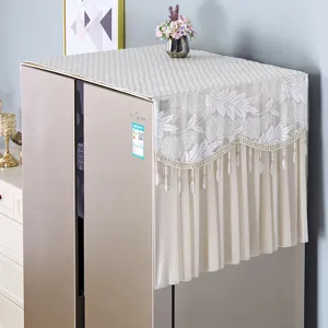 White lace refrigerator dust cover with exquisite leaf embroidery and hanging bead tassels.