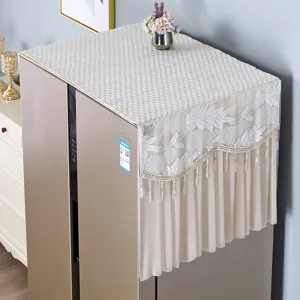 White lace refrigerator dust cover top cloth with elegant tassels for double door fridge.