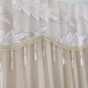 Detailed view of elegant lace refrigerator dust cover with leaf embroidery and pendants.