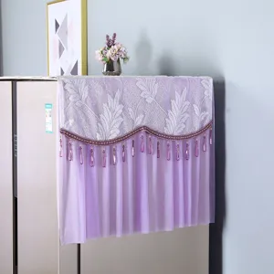 Purple lace refrigerator dust cover with crystal bead fringe, elegant home appliance protection cloth.