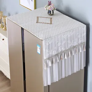 White lace refrigerator dust cover top protector featuring elegant embroidery and cute tassels.