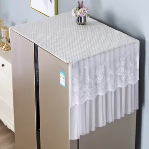 White lace dust cover for double door refrigerator and washing machine top protection.
