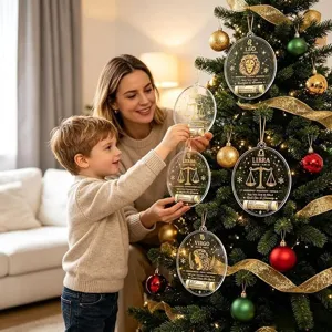 Detailansicht von Tierkreis-Weihnachtsgeld-Anhängern an einem geschmückten Baum.