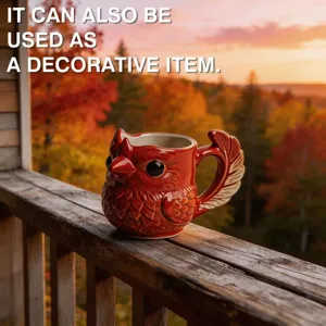 Creative Red Bird Ceramic Mug With Feather Handle Heat Resistant Embossed Feather Pattern Coffee Milk Tea Cup Decorative Home Office Mug