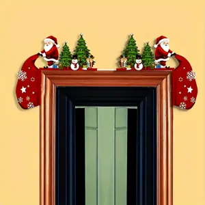 Detailed view of festive Christmas wooden door corner decorations on a wooden door frame