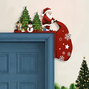 Wooden Santa Claus door corner decoration with Christmas tree and snowman designs
