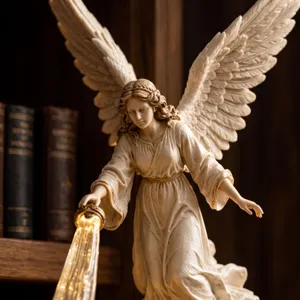 Vue détaillée des ailes sculptées et du faisceau lumineux de la statue d'ange artisanale