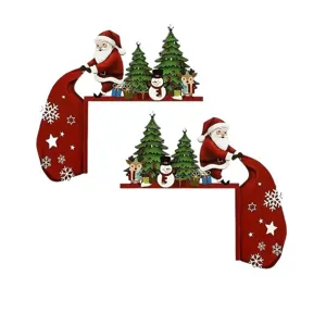 Christmas Wooden Door Corner Sign Self Adhesive Solid Wood L Shaped Frame Decoration Santa Claus Snowman Reindeer Christmas Tree Pattern Holiday Wall Hanging Decor