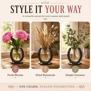 Soporte decorativo para florero de herradura con plantas frescas, secas y verdes