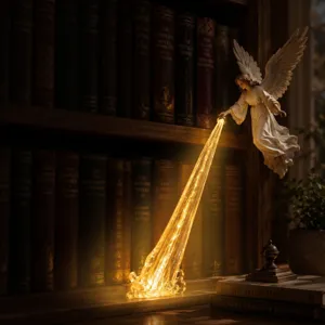 Ange décoratif pour étagère avec faisceau doré et détails de lumière LED chaude