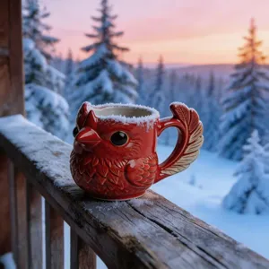 Detailed view of cardinal bird ceramic mug with feather handle in snowy setting