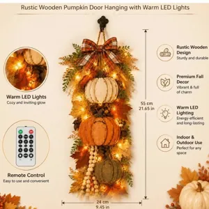 Rustikaler hölzerner Kürbis Türbehang mit warmen LED-Lichtern und 8-Funktionen-Fernbedienung