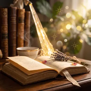Vue détaillée du décor de faisceau d'ange doré illuminant un livre ancien ouvert sur table