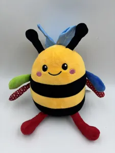 Vista frontale dell'ape di peluche interattiva con arti sensoriali colorati per neonati.
